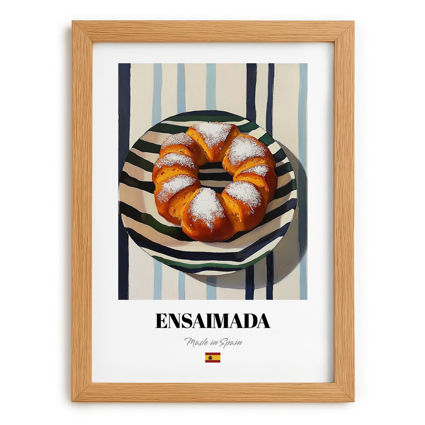 Ensaimada – on Striped Tablecloth, Spanish Pastry Illustration, set in oak frame