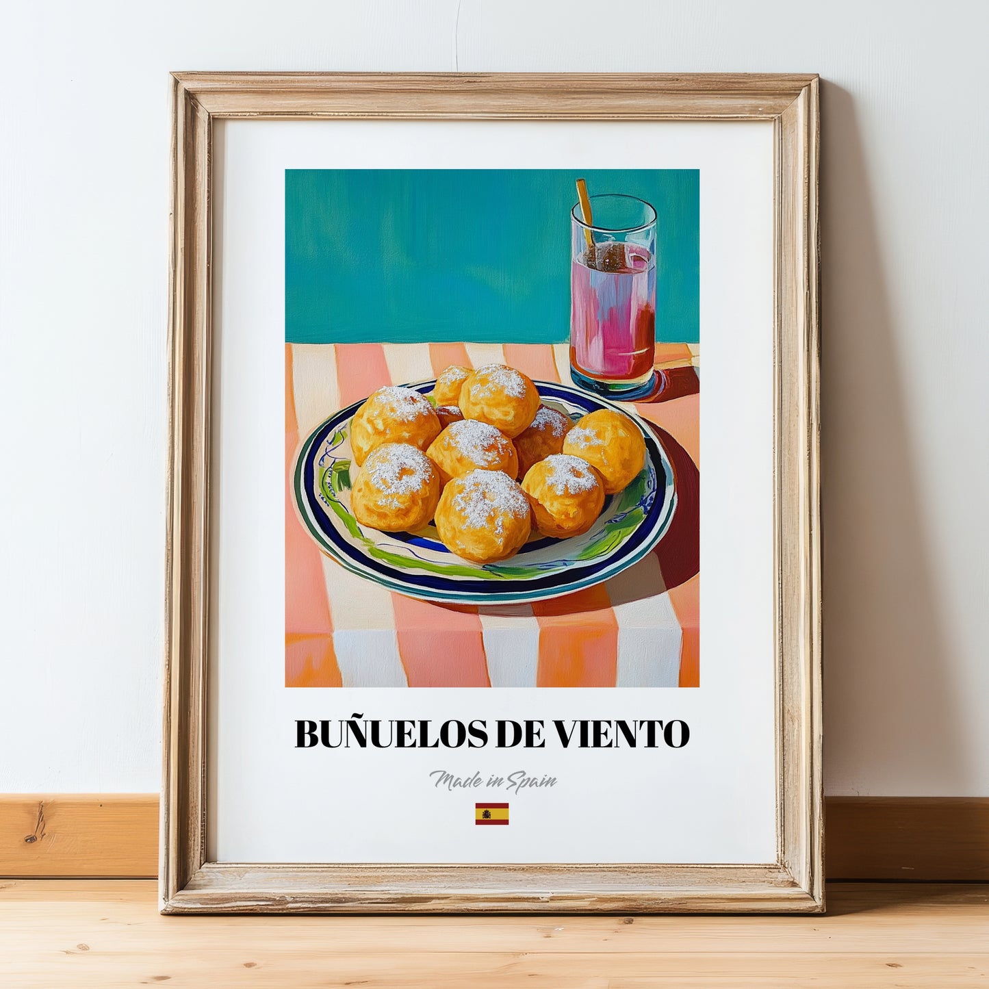 Buñuelos de Viento – Art, Spanish Dessert Wall Print, in wooden frame leaning on the floor