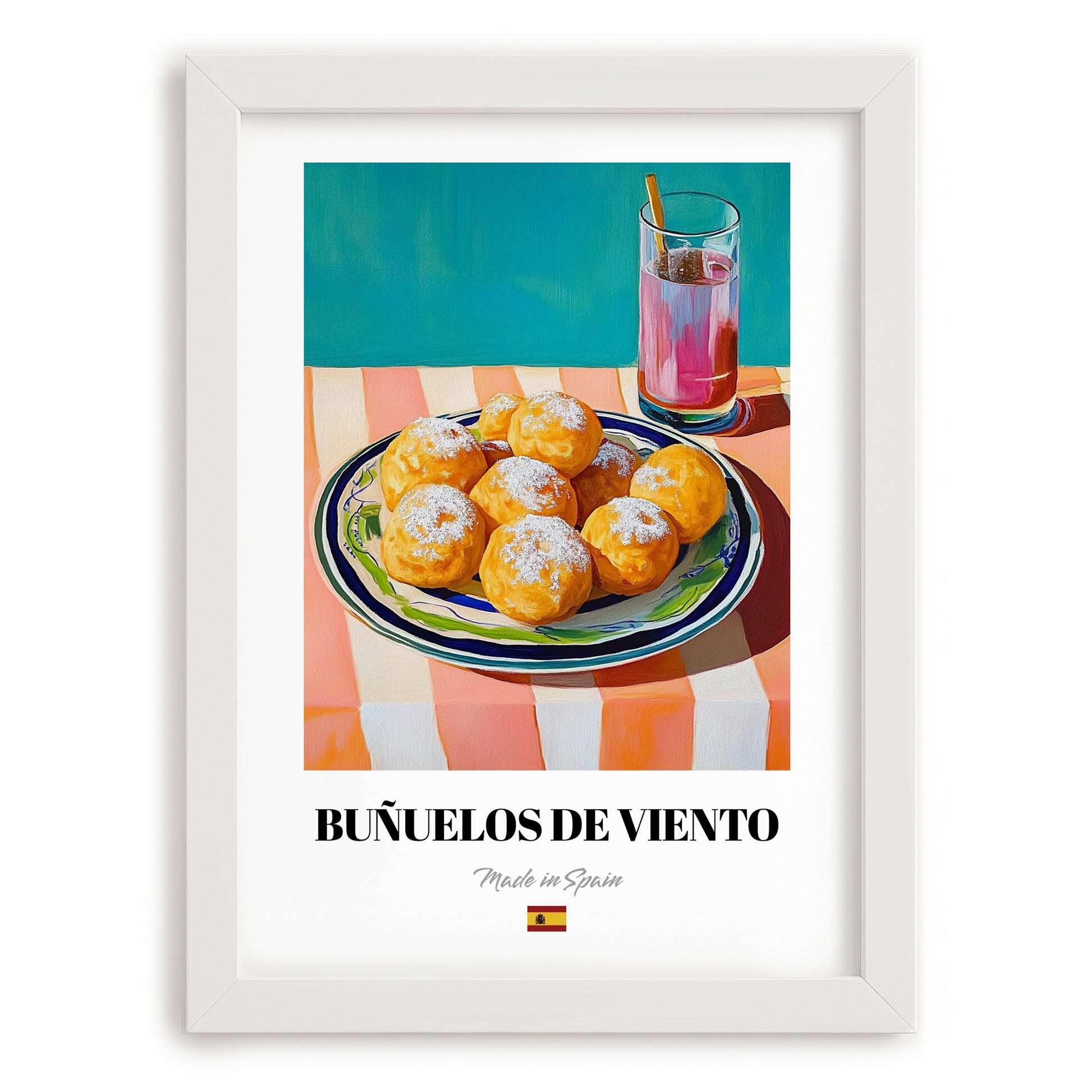 Buñuelos de Viento – Art, Spanish Dessert Wall Print, placed in minimal white frame