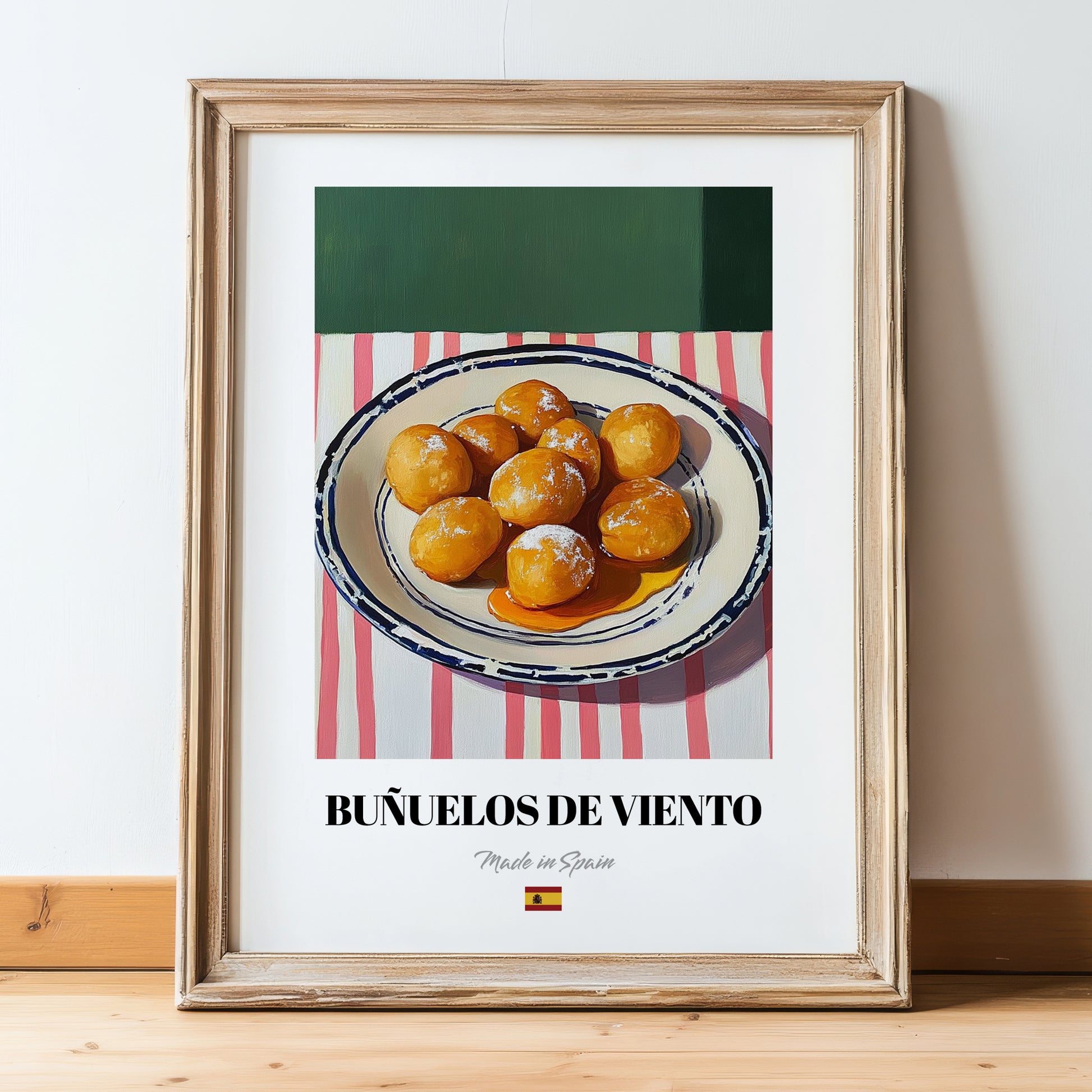 Buñuelos de Viento – on Striped Tablecloth, Spanish Dessert Still Life, in wooden frame leaning on the floor