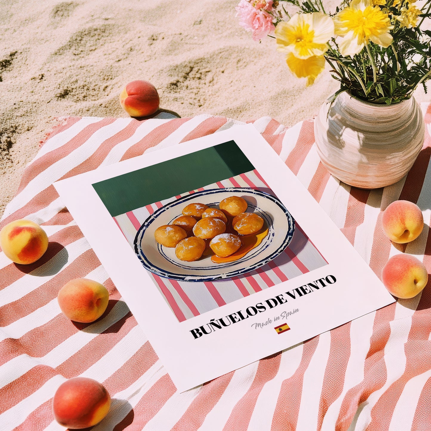 Buñuelos de Viento – on Striped Tablecloth, Spanish Dessert Still Life, unframed on coastal sand