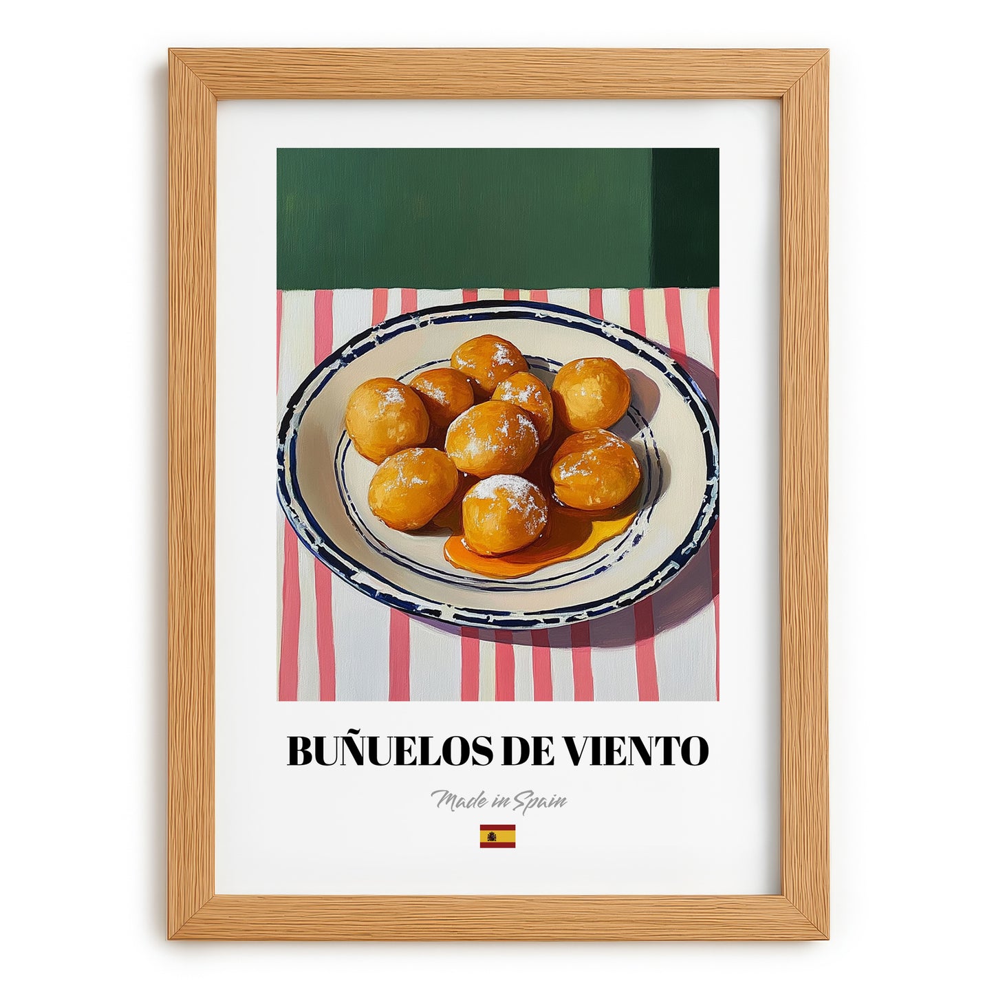 Buñuelos de Viento – on Striped Tablecloth, Spanish Dessert Still Life, set in oak frame