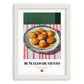 Buñuelos de Viento – on Striped Tablecloth, Spanish Dessert Still Life, placed in minimal white frame