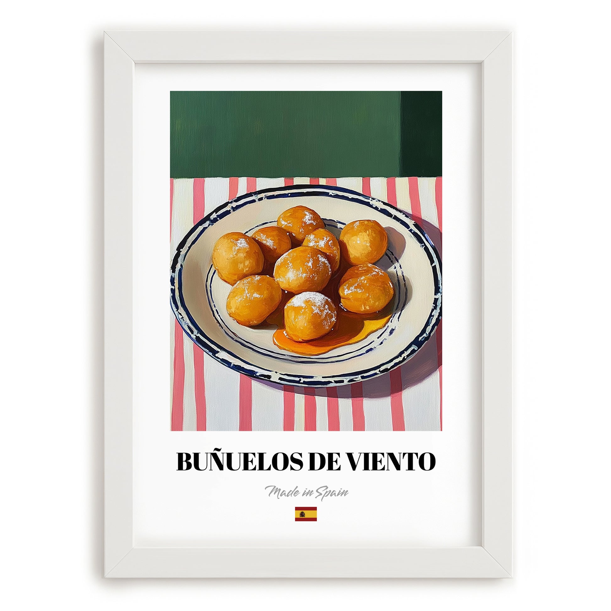 Buñuelos de Viento – on Striped Tablecloth, Spanish Dessert Still Life, placed in minimal white frame