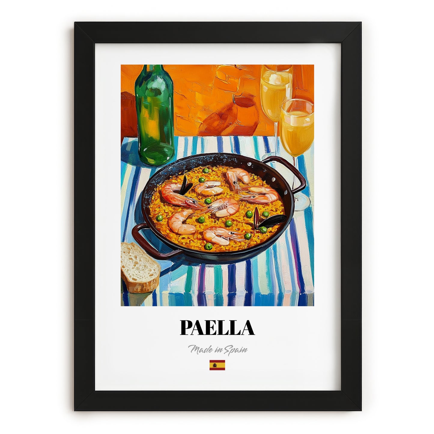 Paella – Colorful Oil Painting, Spanish Food Poster, in sleek black frame
