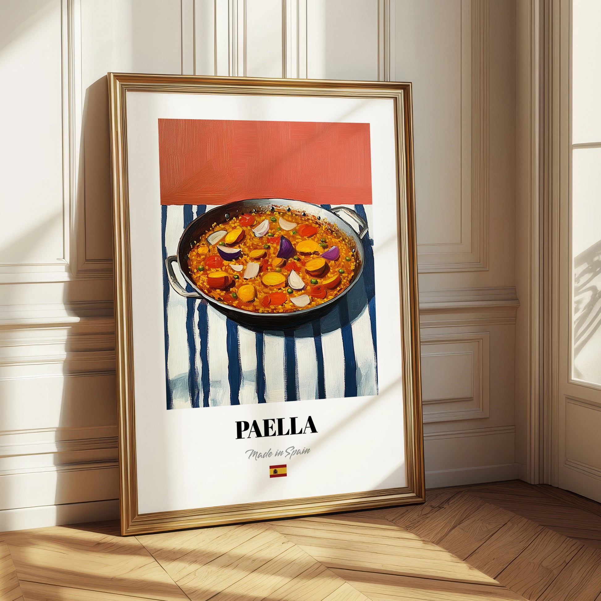 Paella – on Striped Tablecloth, Spanish Food Wall Art