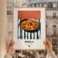 Paella – on Striped Tablecloth, Spanish Food Wall Art, styled in a charming Paris street view