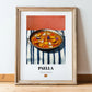 Paella – on Striped Tablecloth, Spanish Food Wall Art, in wooden frame leaning on the floor