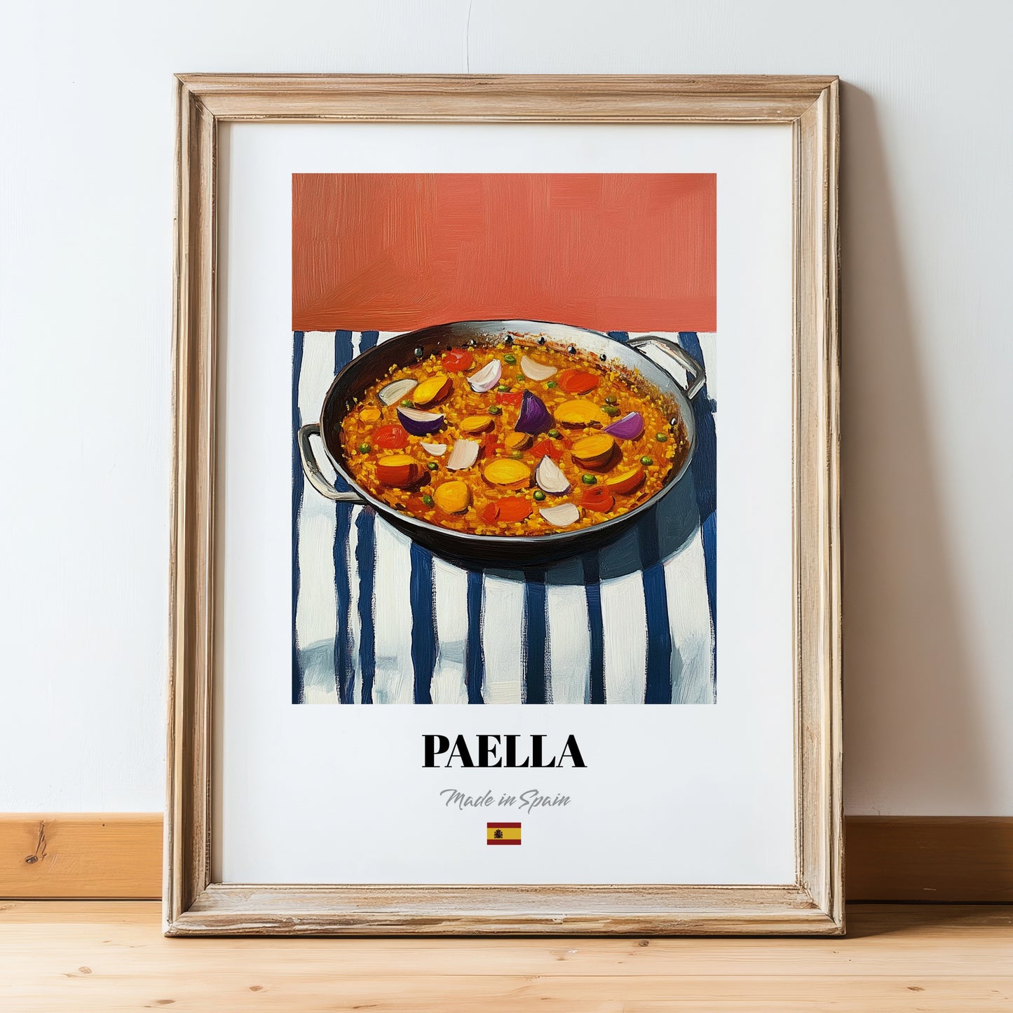 Paella – on Striped Tablecloth, Spanish Food Wall Art, in wooden frame leaning on the floor