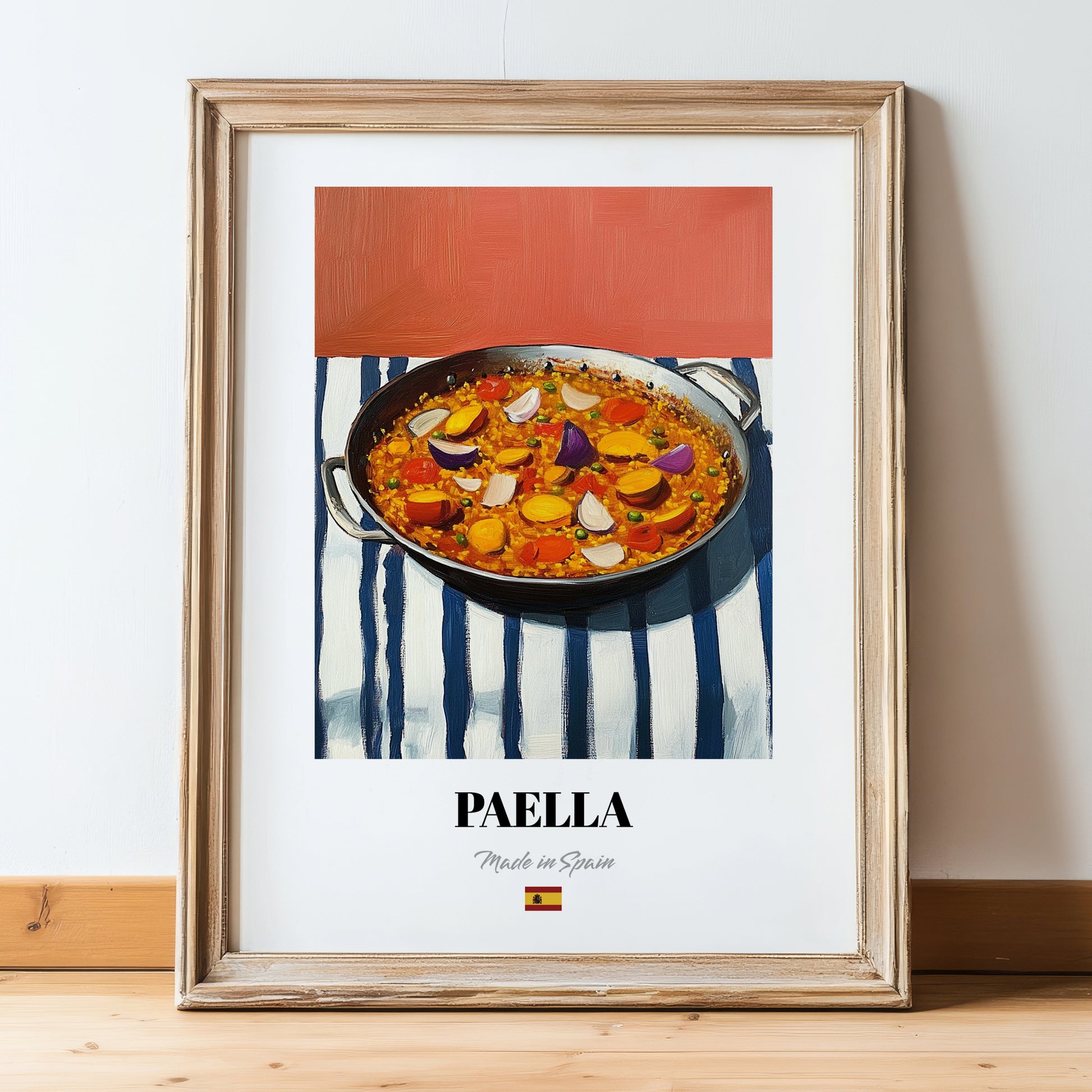 Paella – on Striped Tablecloth, Spanish Food Wall Art, in wooden frame leaning on the floor
