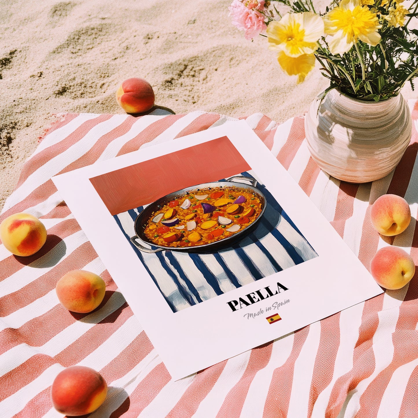 Paella – on Striped Tablecloth, Spanish Food Wall Art, unframed on coastal sand