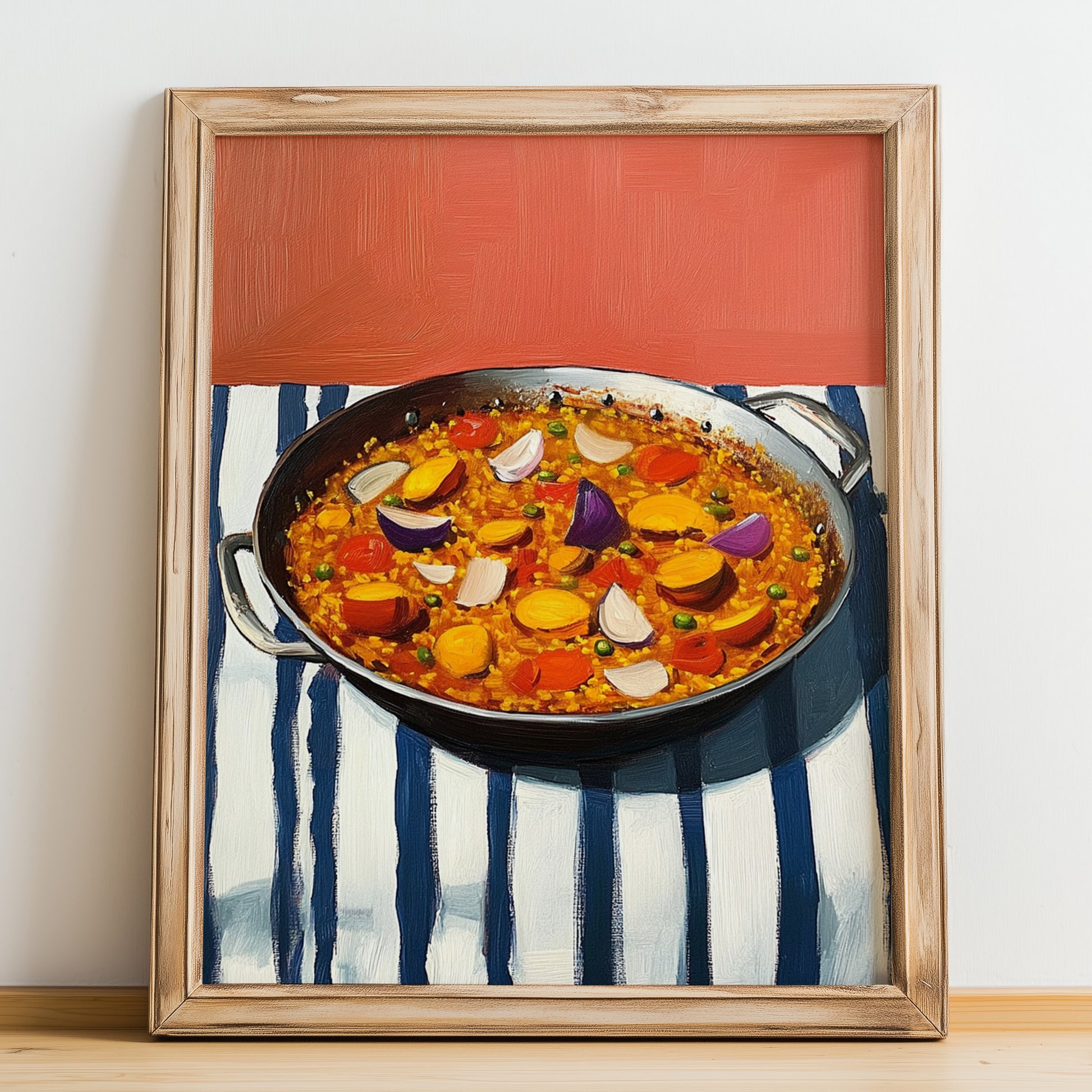 Paella – on Striped Tablecloth, Spanish Food Wall Art, no-text version framed in wood