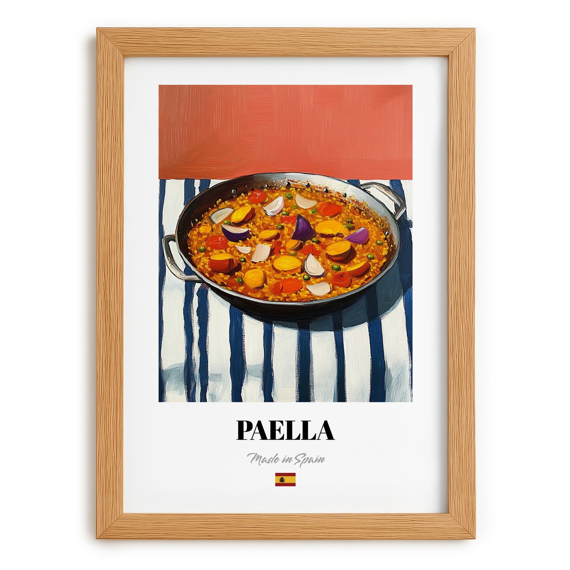 Paella – on Striped Tablecloth, Spanish Food Wall Art, set in oak frame