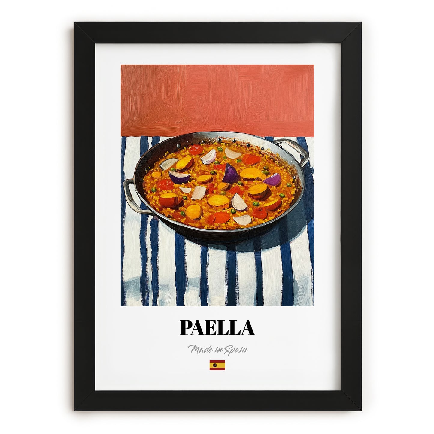 Paella – on Striped Tablecloth, Spanish Food Wall Art, in sleek black frame