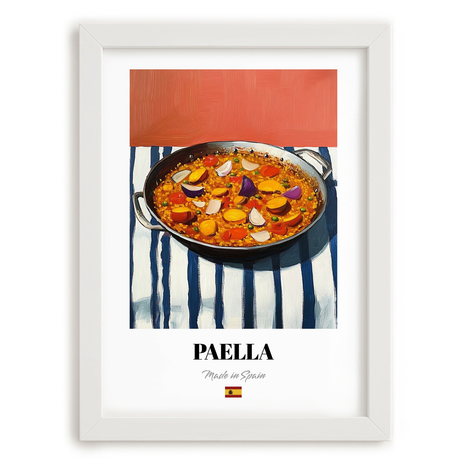 Paella – on Striped Tablecloth, Spanish Food Wall Art, placed in minimal white frame