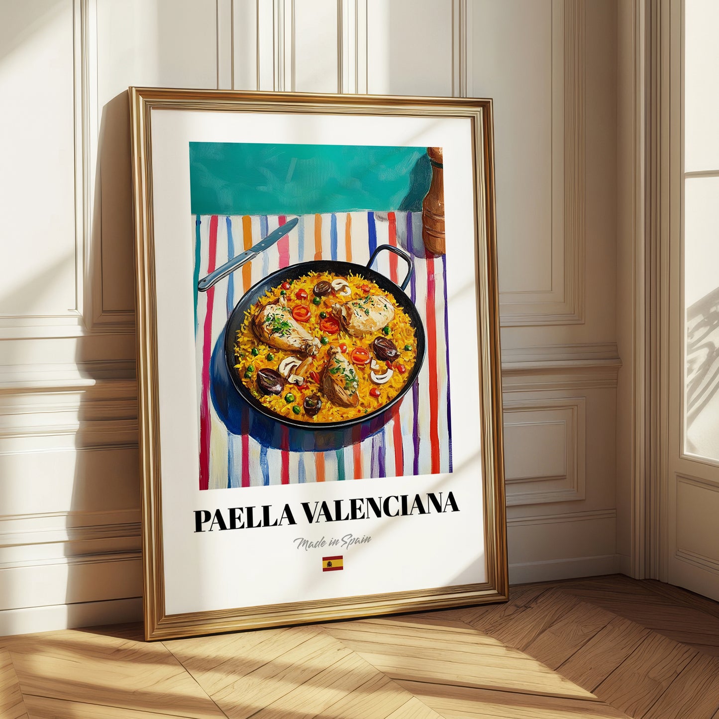 Paella Valenciana – on Striped Tablecloth, Spanish Food Painting