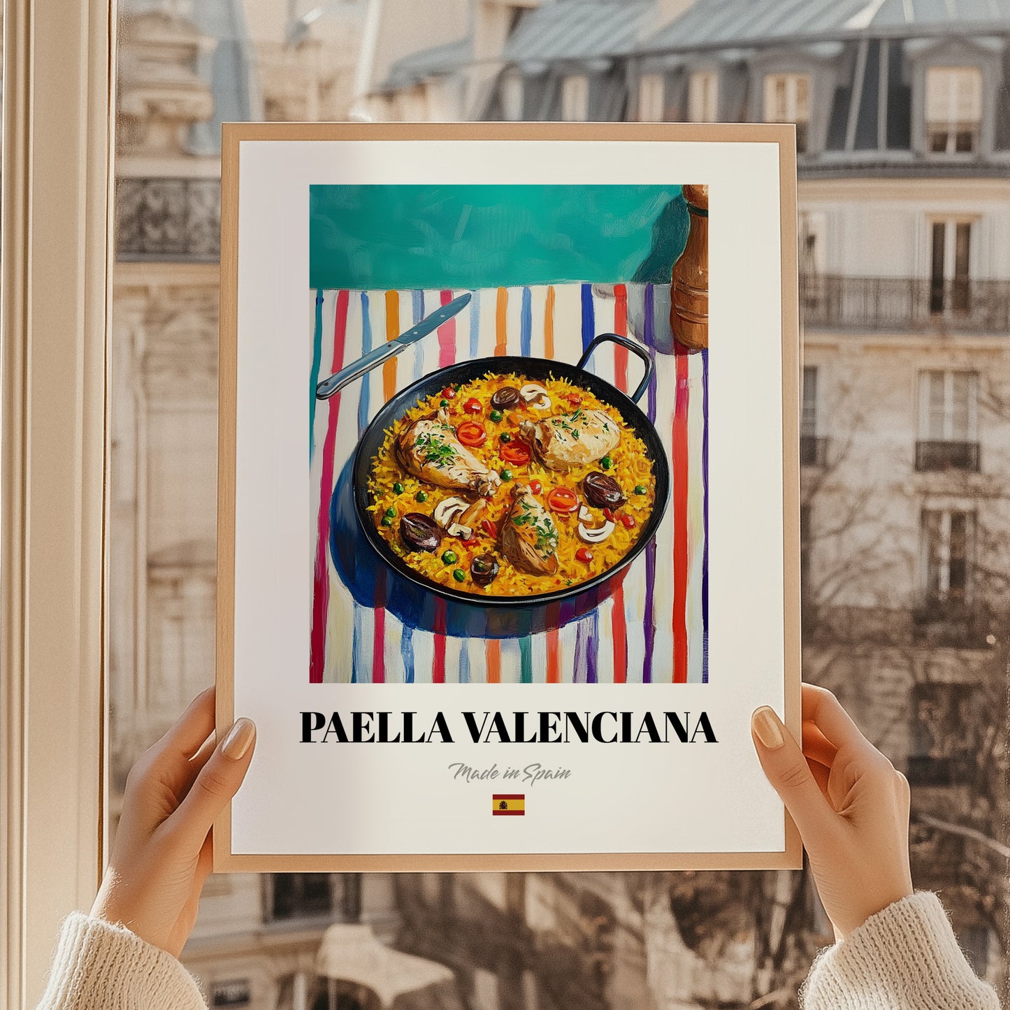 Paella Valenciana – on Striped Tablecloth, Spanish Food Painting, styled in a charming Paris street view