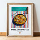 Paella Valenciana – on Striped Tablecloth, Spanish Food Painting, in wooden frame leaning on the floor
