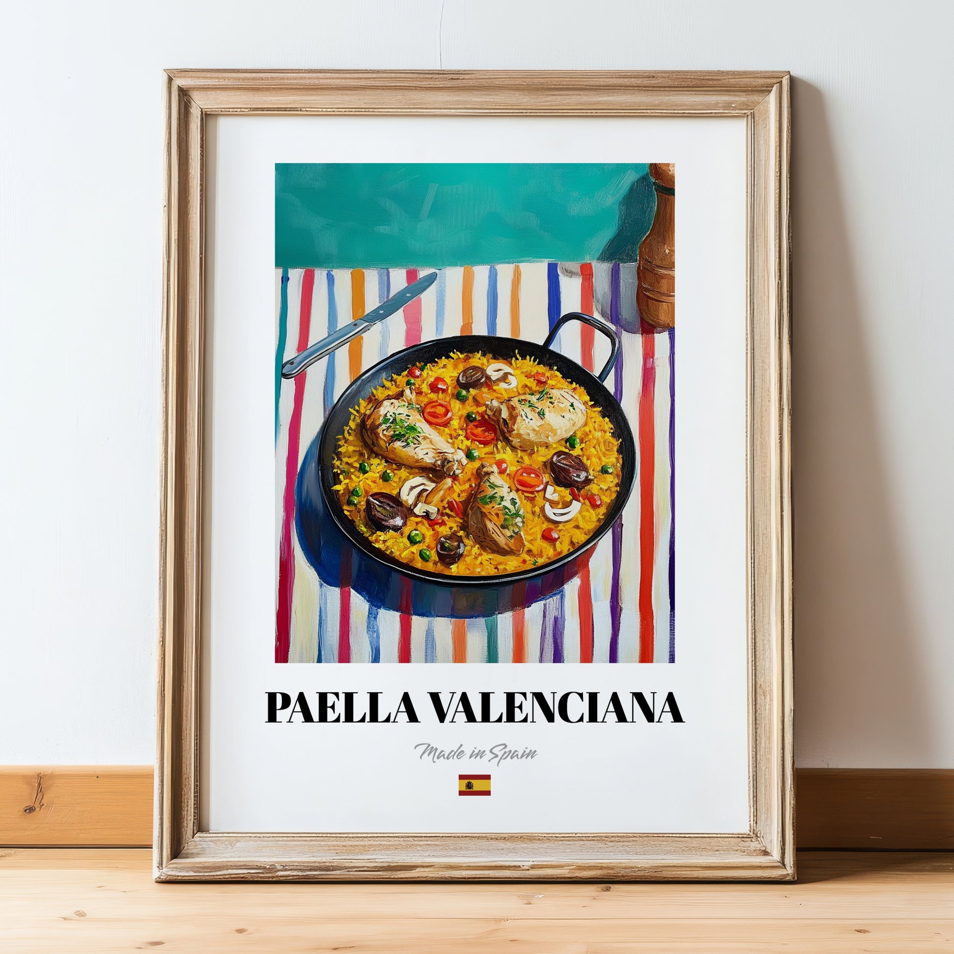 Paella Valenciana – on Striped Tablecloth, Spanish Food Painting, in wooden frame leaning on the floor