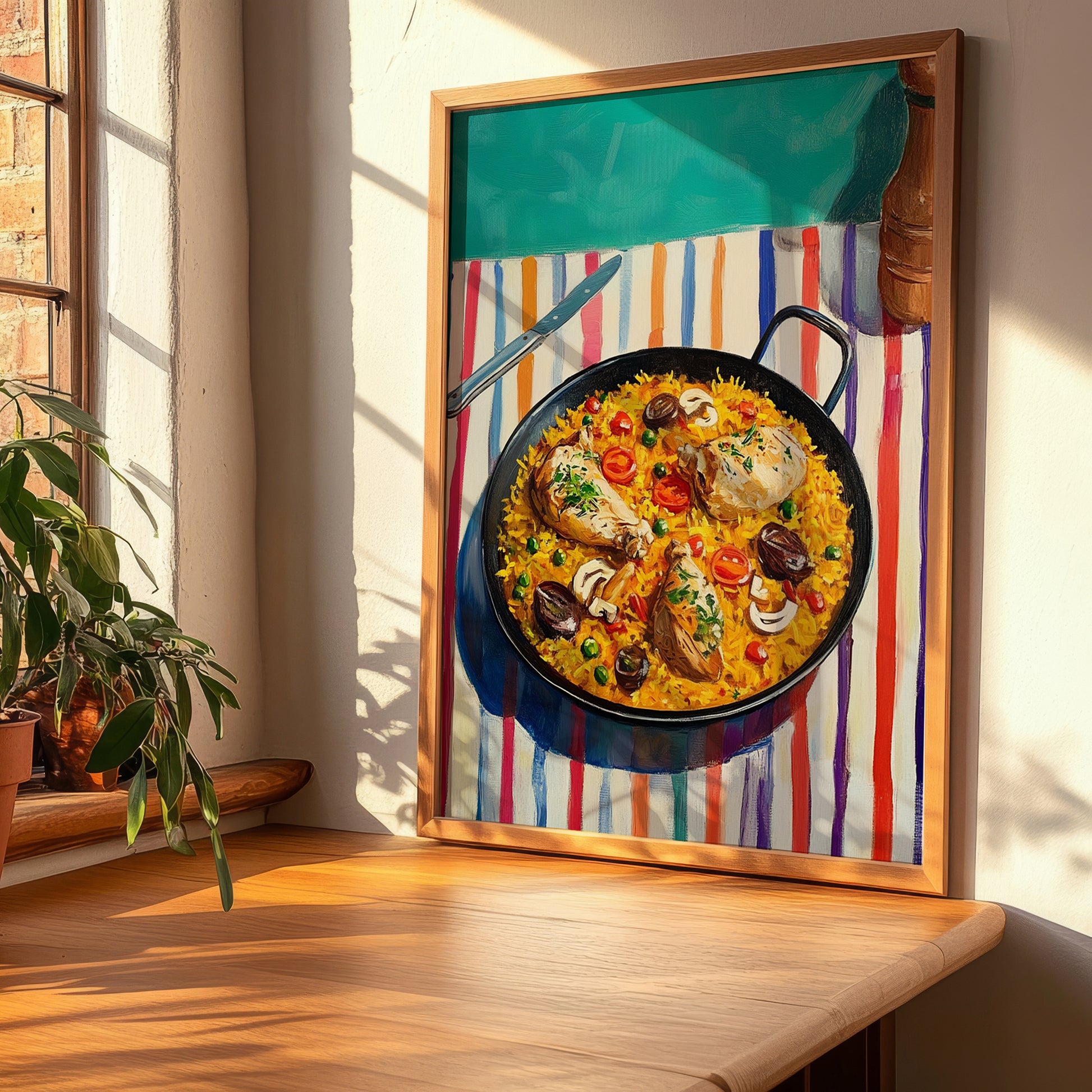 Paella Valenciana – on Striped Tablecloth, Spanish Food Painting, clean layout with no caption