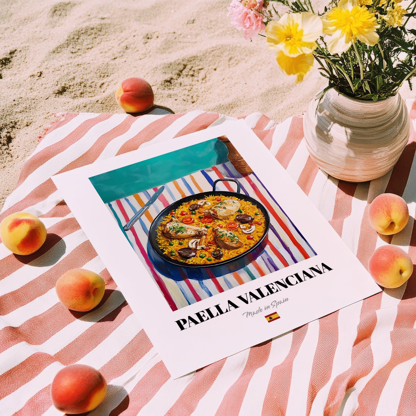 Paella Valenciana – on Striped Tablecloth, Spanish Food Painting, unframed on coastal sand