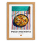 Paella Valenciana – on Striped Tablecloth, Spanish Food Painting, set in oak frame
