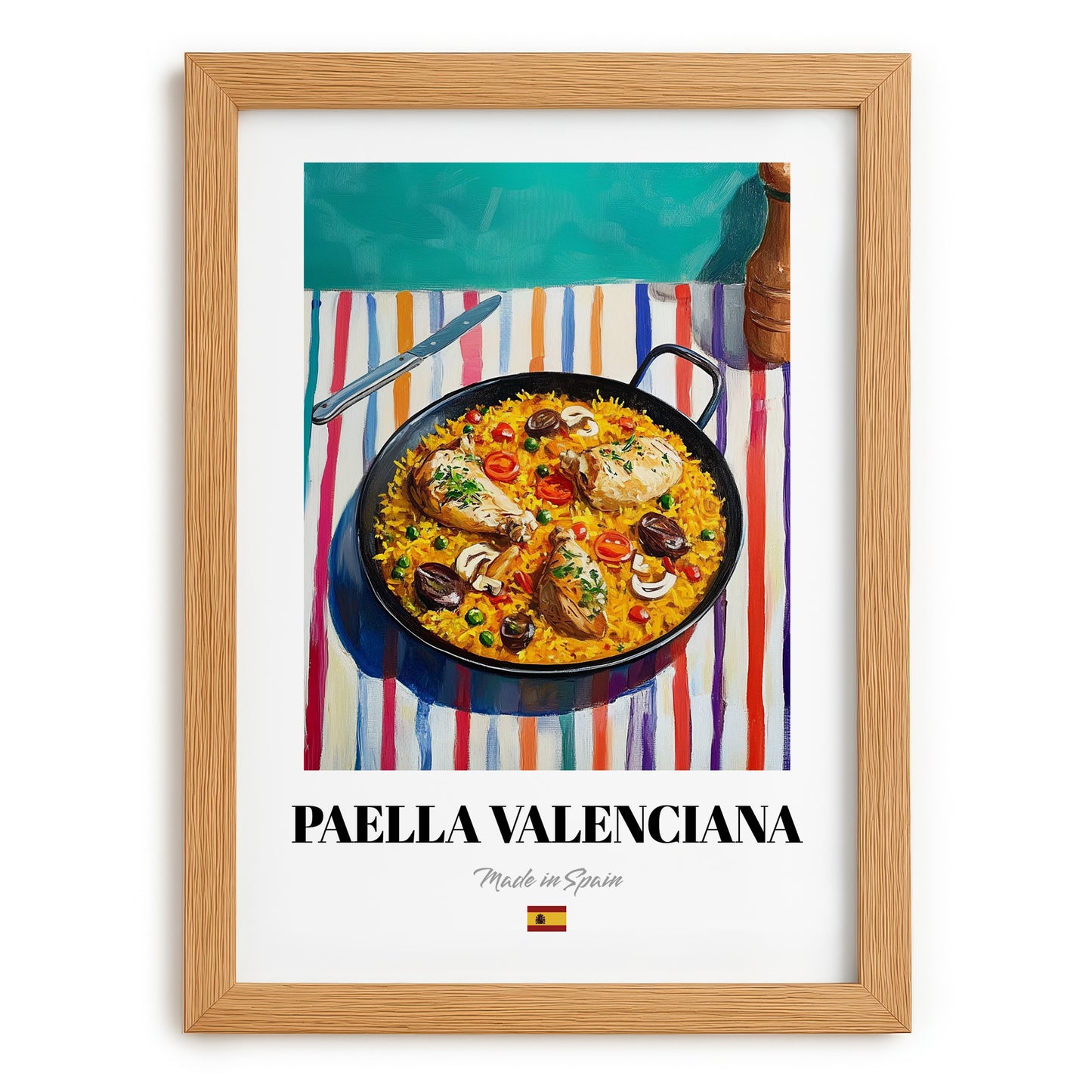 Paella Valenciana – on Striped Tablecloth, Spanish Food Painting, set in oak frame