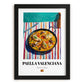 Paella Valenciana – on Striped Tablecloth, Spanish Food Painting, in sleek black frame