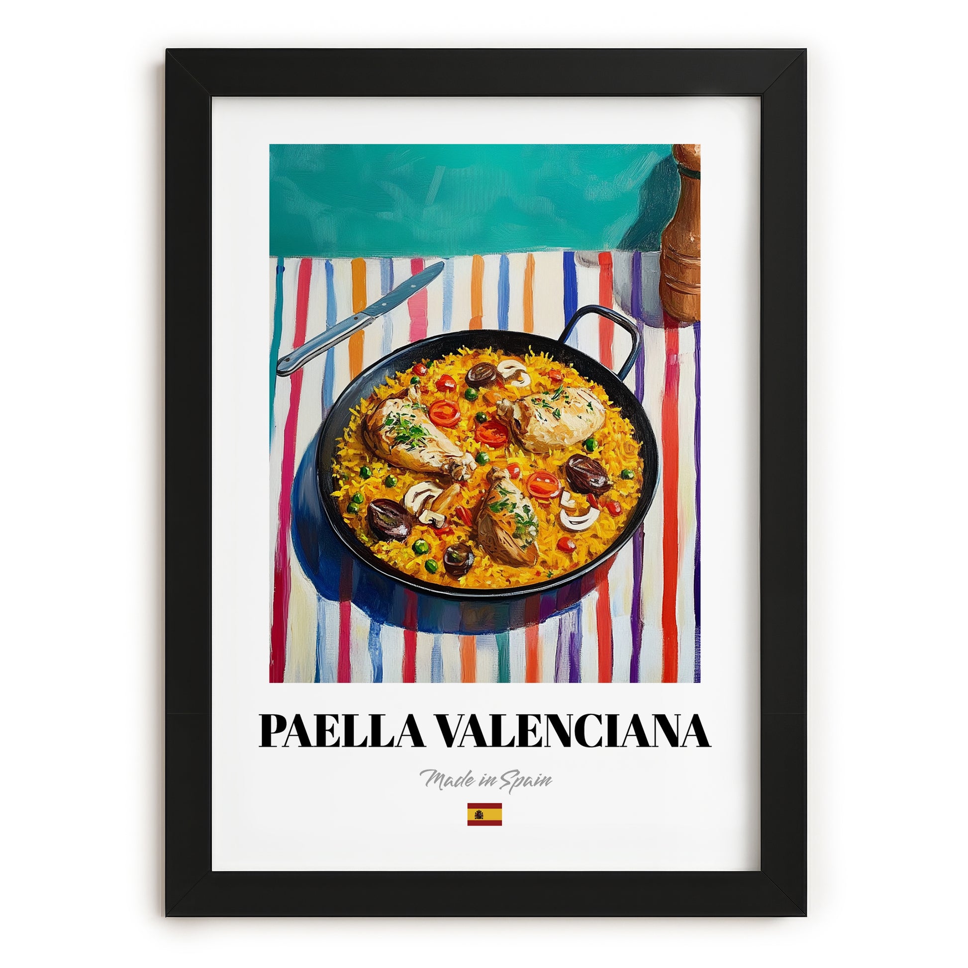 Paella Valenciana – on Striped Tablecloth, Spanish Food Painting, in sleek black frame