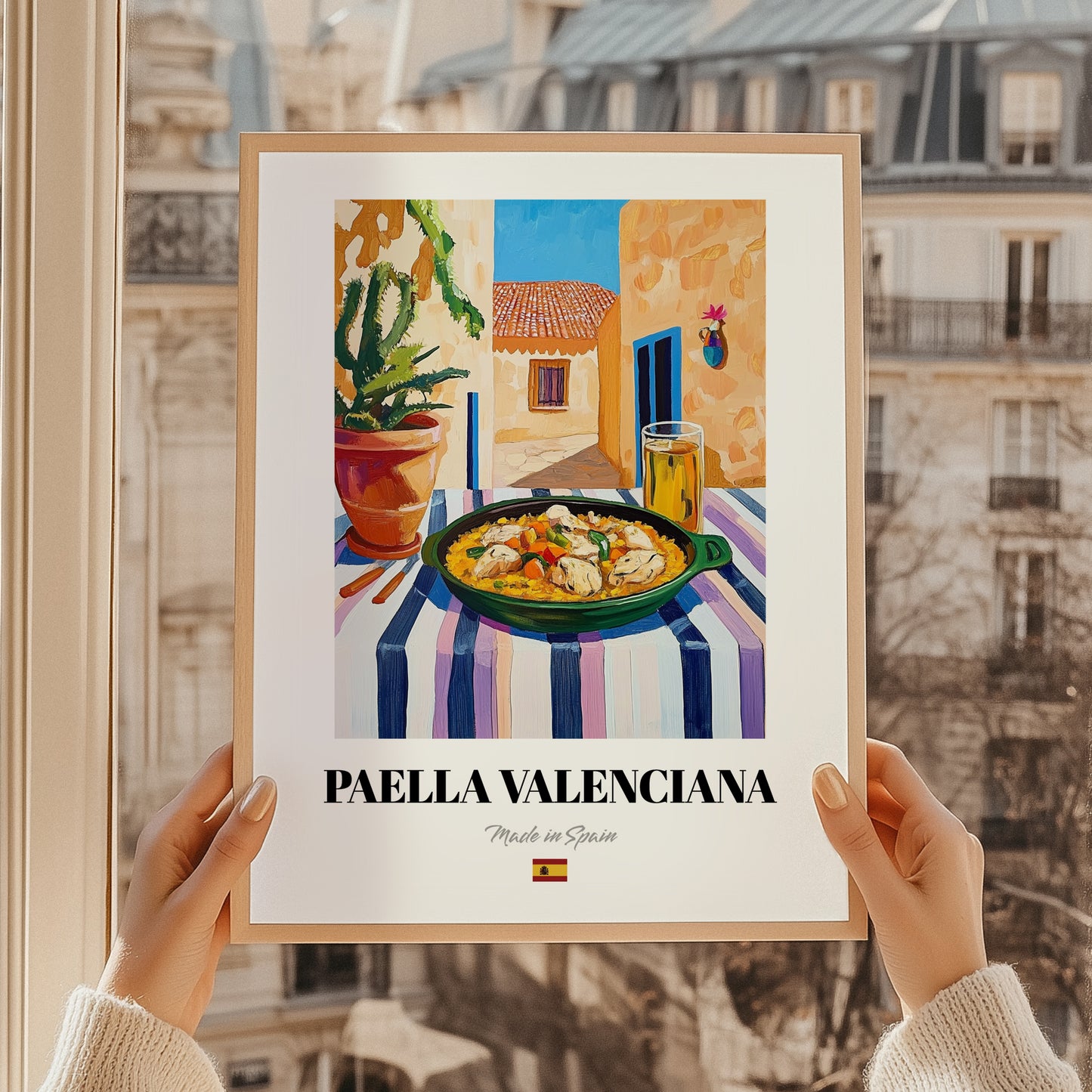 Paella Valenciana  Valencian Village Street Café Scene, Spanish Food Still Life, styled in a charming Paris street view