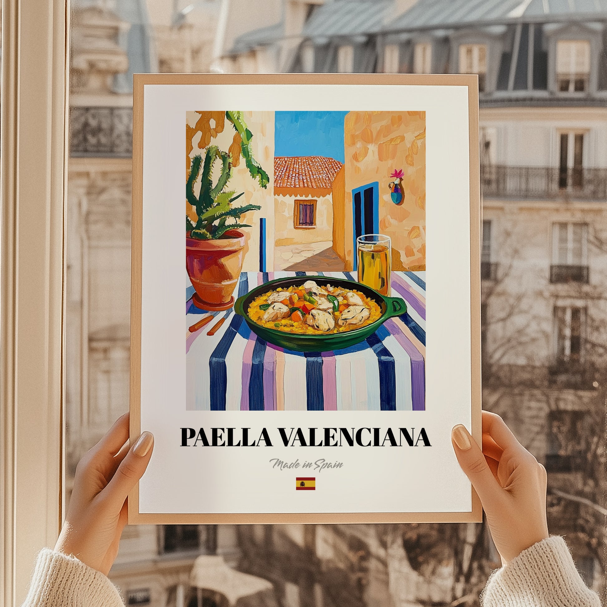 Paella Valenciana  Valencian Village Street Café Scene, Spanish Food Still Life, styled in a charming Paris street view