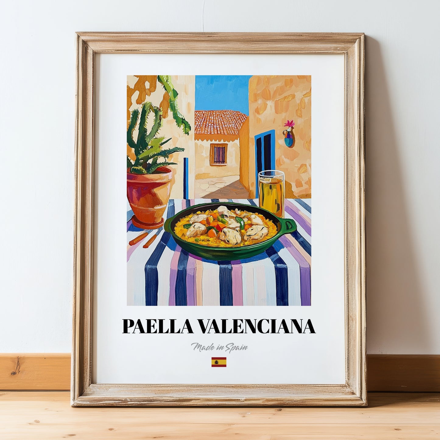 Paella Valenciana  Valencian Village Street Café Scene, Spanish Food Still Life, in wooden frame leaning on the floor