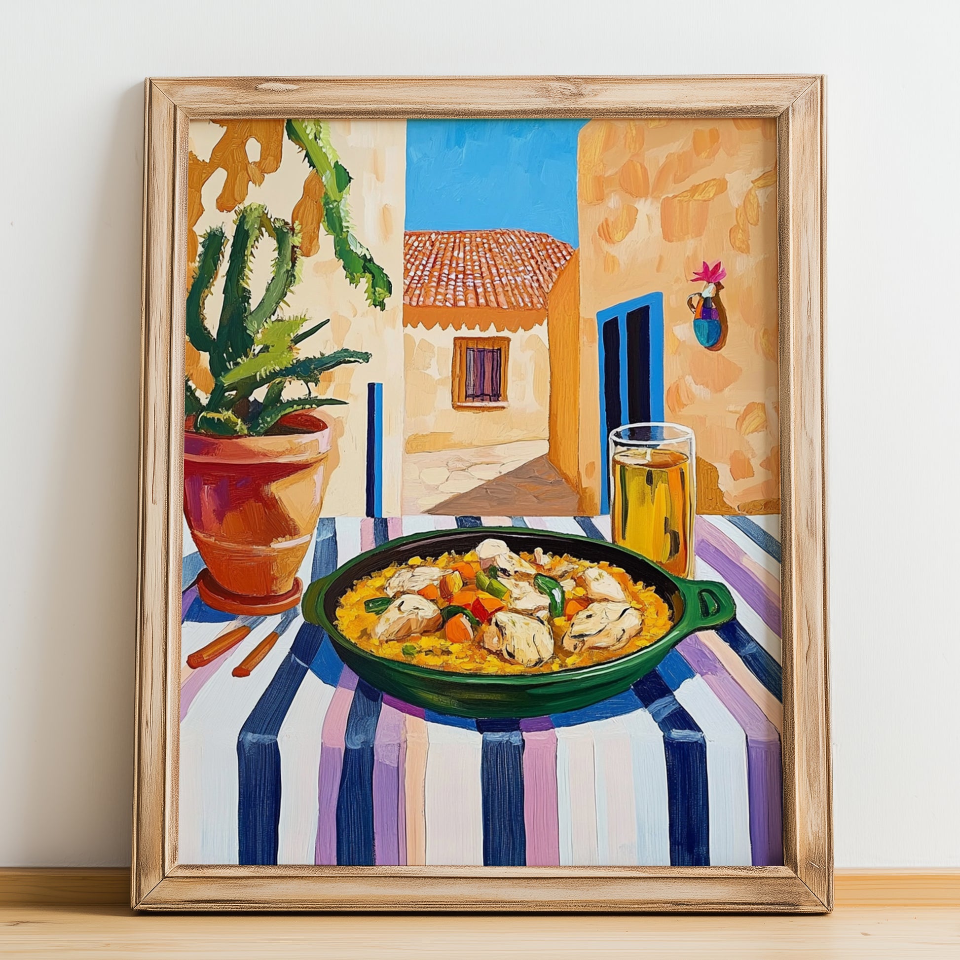 Paella Valenciana  Valencian Village Street Café Scene, Spanish Food Still Life, no-text version framed in wood