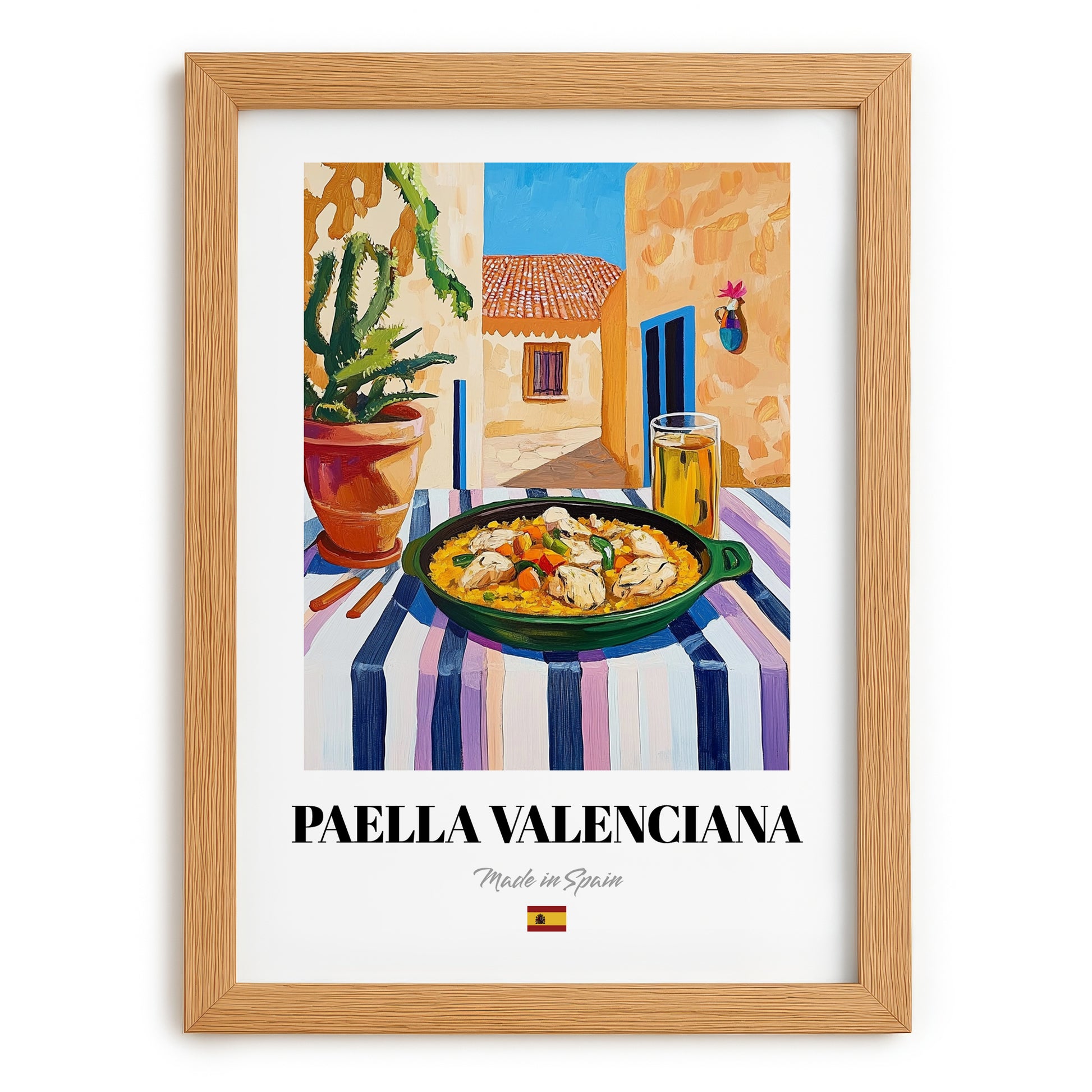 Paella Valenciana  Valencian Village Street Café Scene, Spanish Food Still Life, set in oak frame