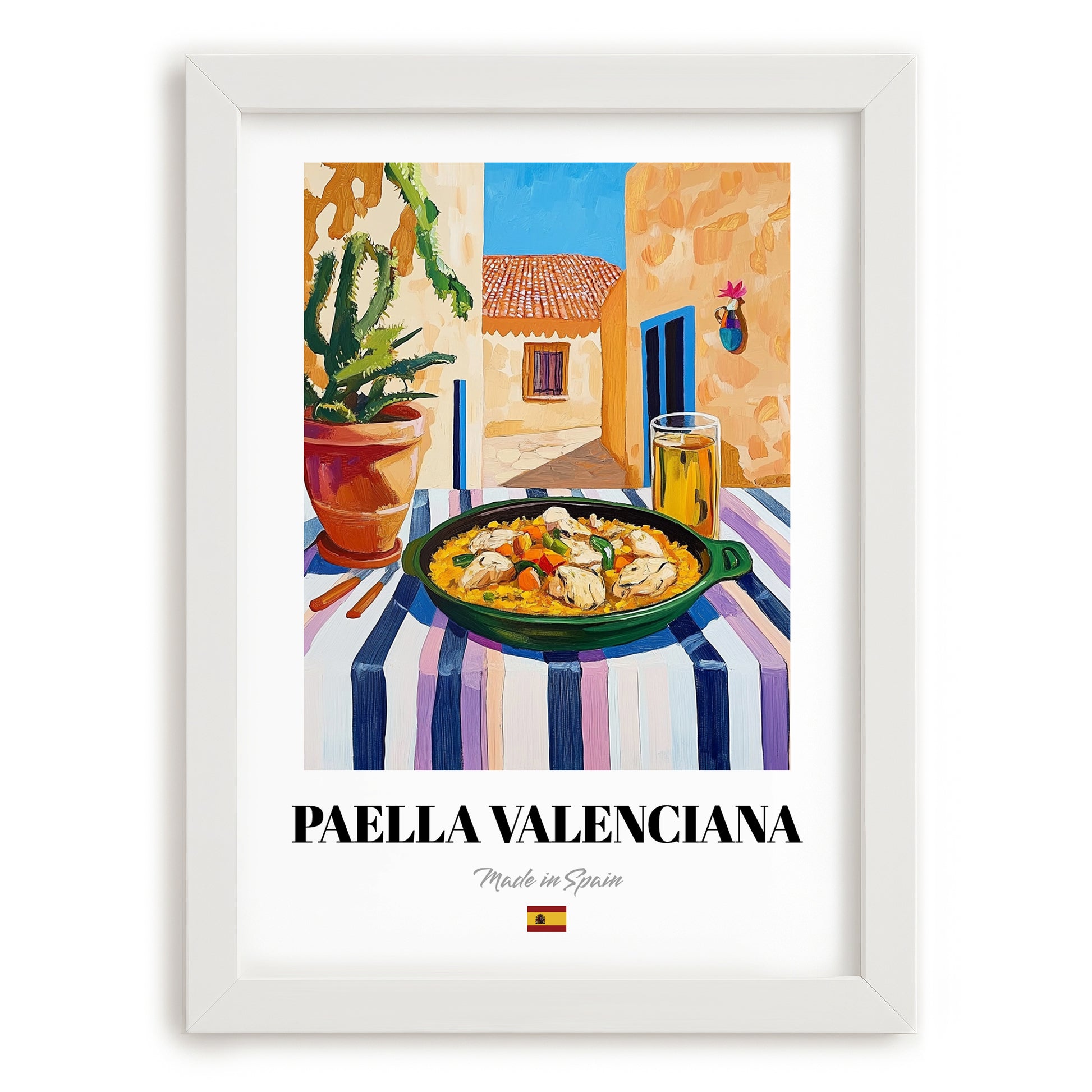 Paella Valenciana  Valencian Village Street Café Scene, Spanish Food Still Life, placed in minimal white frame