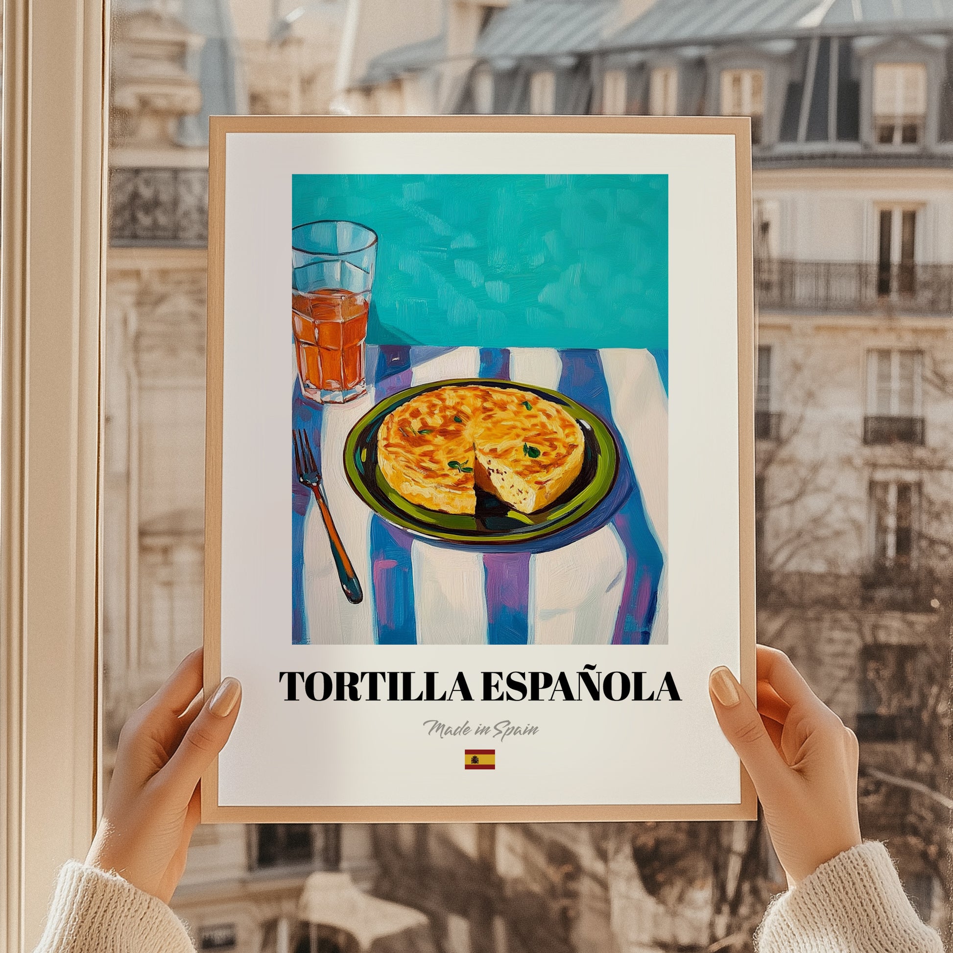 Tortilla Española – Art, Spanish Food Painting, styled in a charming Paris street view