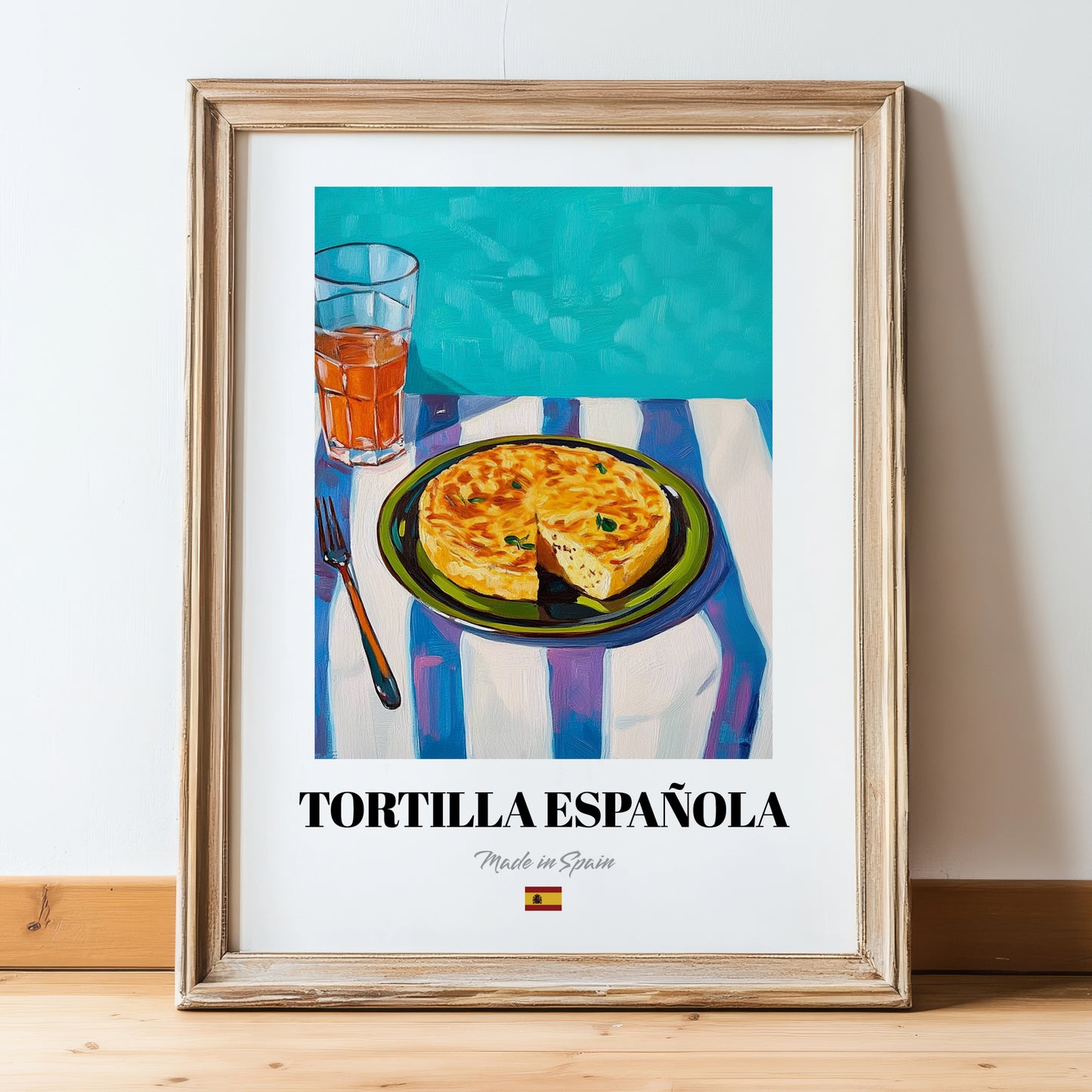 Tortilla Española – Art, Spanish Food Painting, in wooden frame leaning on the floor