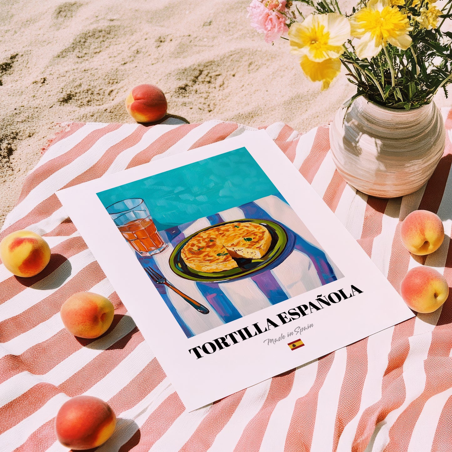 Tortilla Española – Art, Spanish Food Painting, unframed on coastal sand
