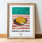 Tortilla Española – on Striped Tablecloth, Spanish Food Wall Decor, in wooden frame leaning on the floor