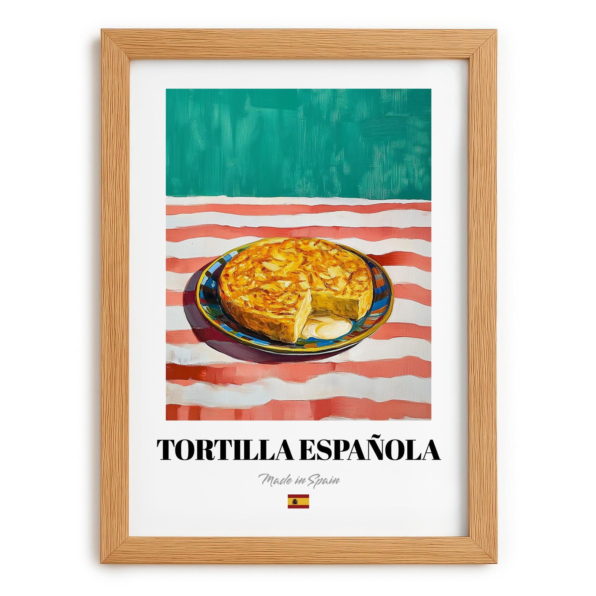 Tortilla Española – on Striped Tablecloth, Spanish Food Wall Decor, set in oak frame