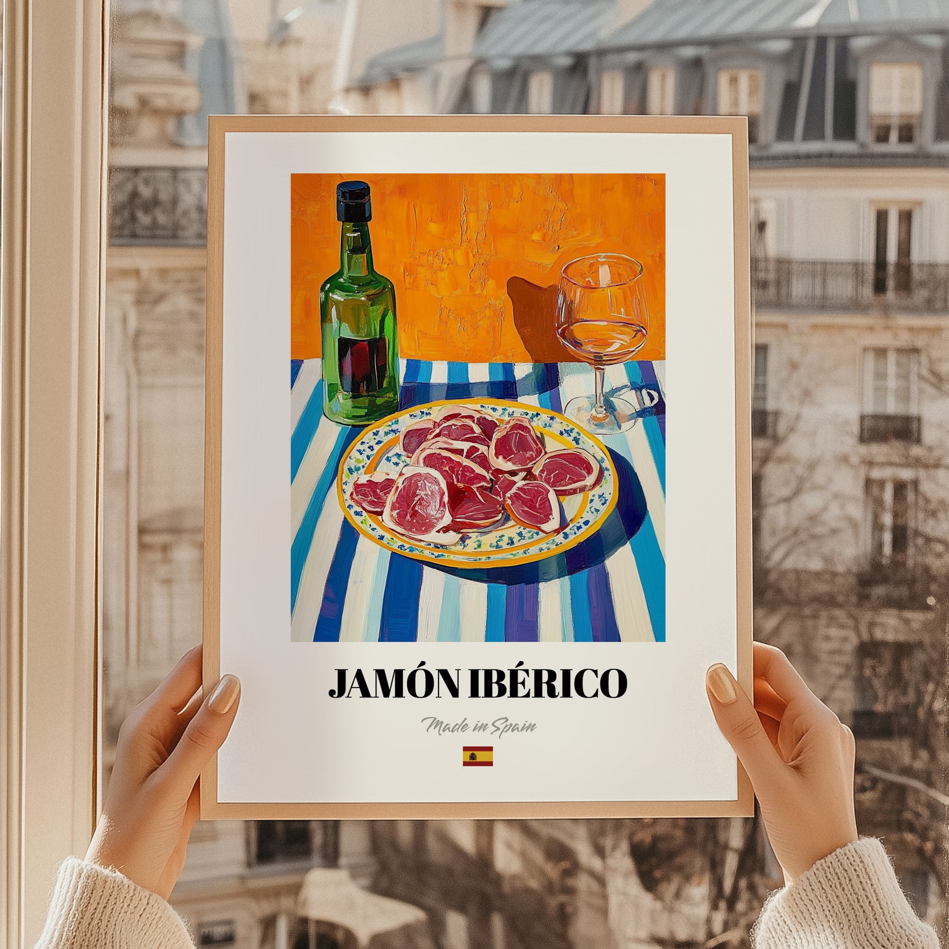 Jamón Ibérico – Art, Spanish Food Wall Art, styled in a charming Paris street view