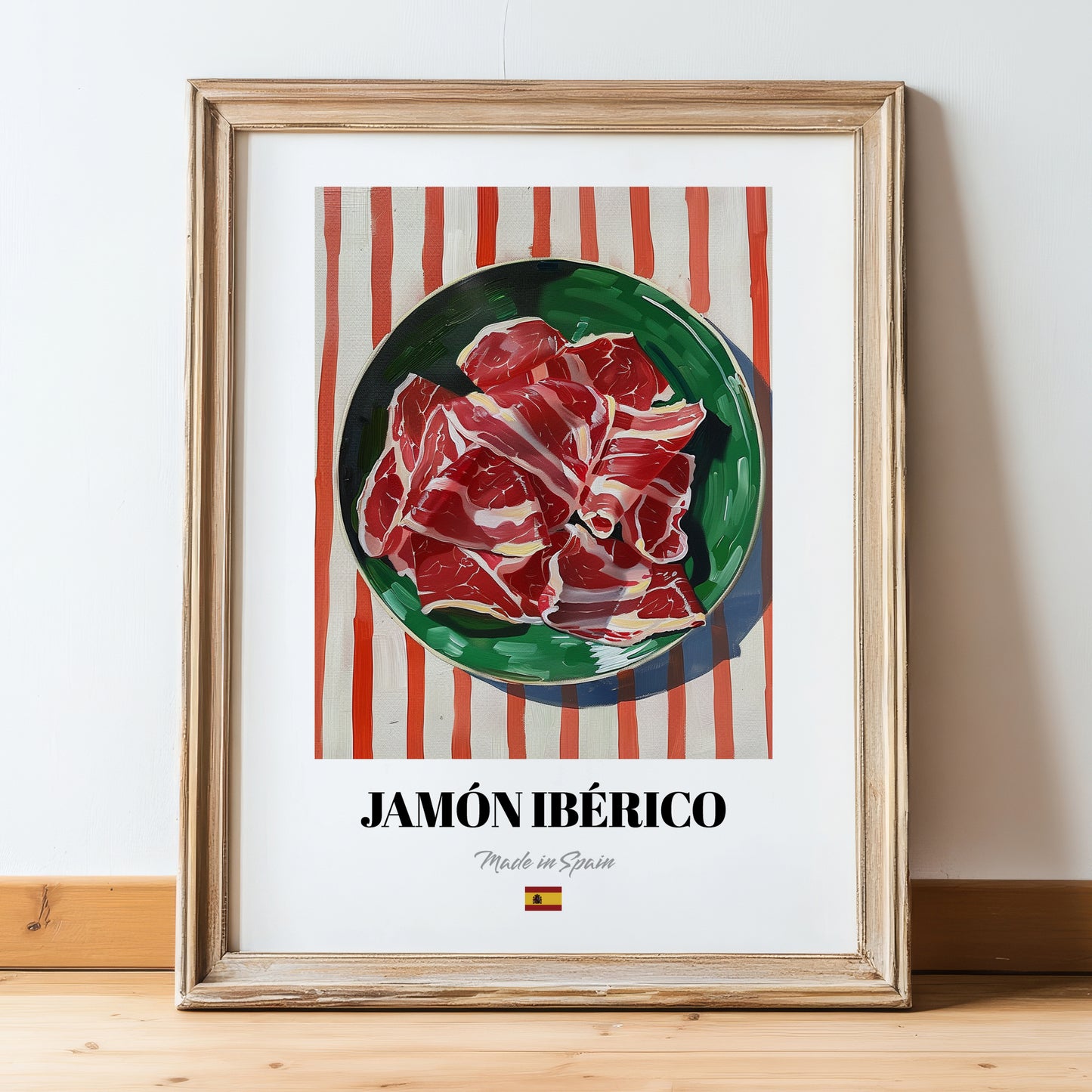 Jamón Ibérico – on Striped Tablecloth, Spanish Food Print, in wooden frame leaning on the floor