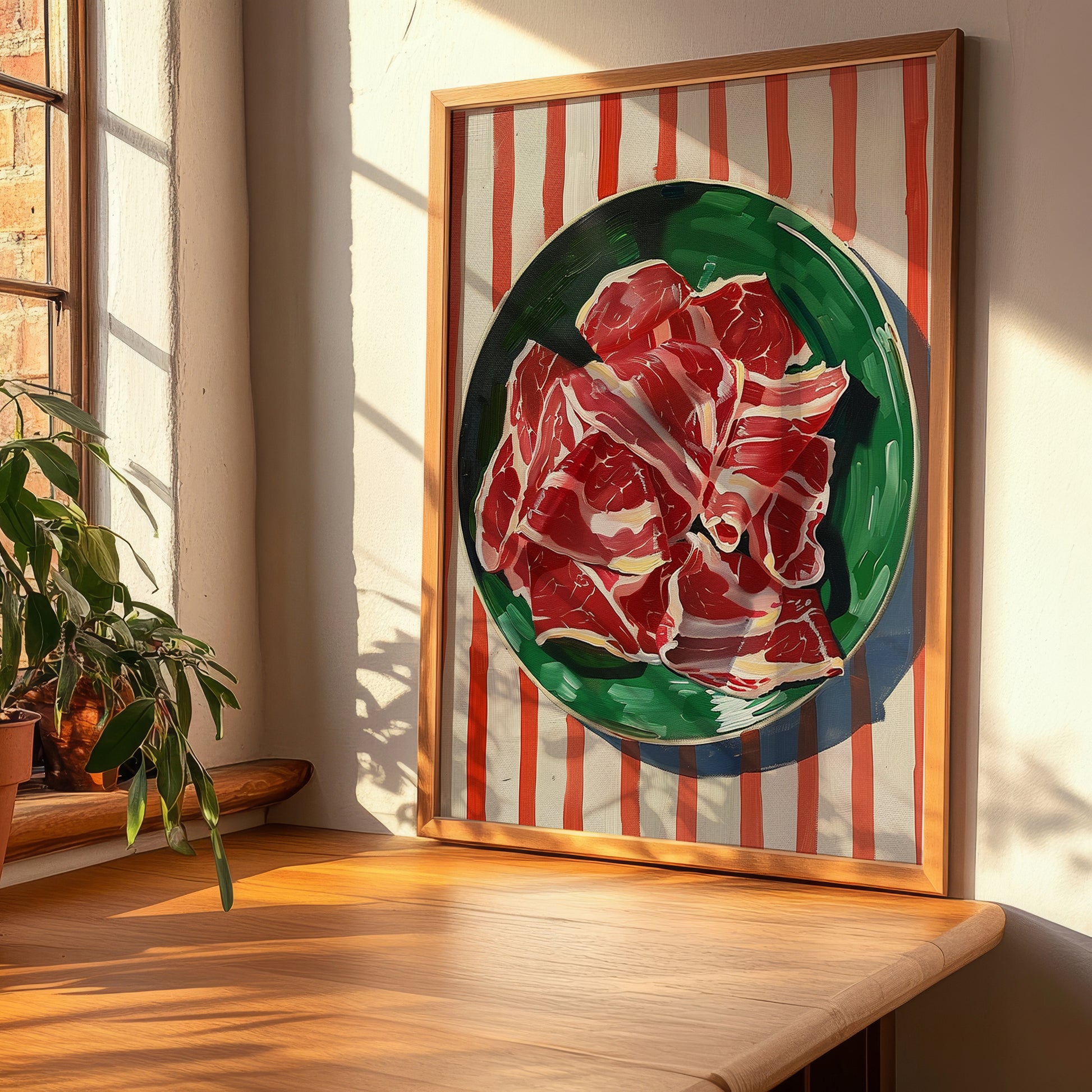 Jamón Ibérico – on Striped Tablecloth, Spanish Food Print, clean layout with no caption