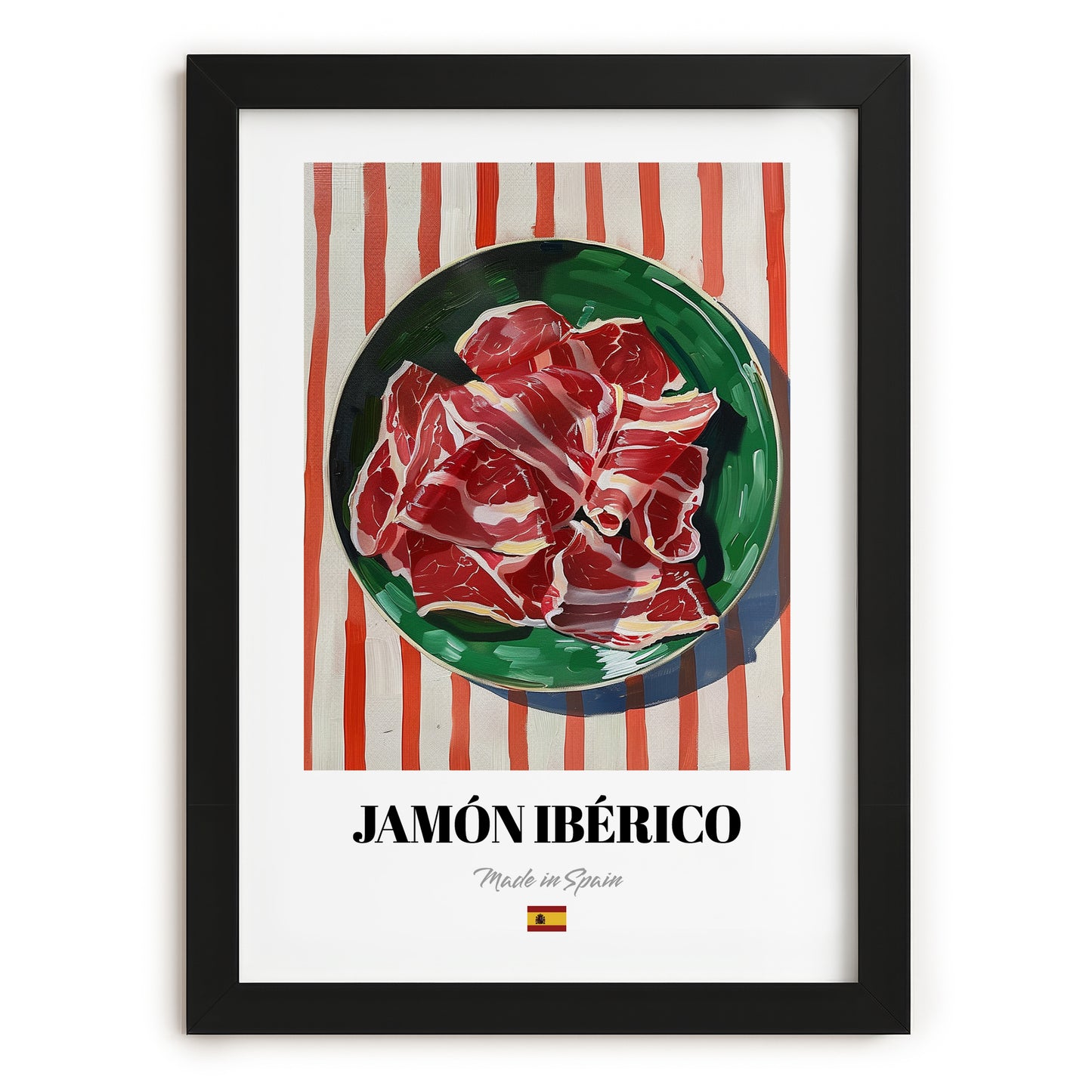 Jamón Ibérico – on Striped Tablecloth, Spanish Food Print, in sleek black frame