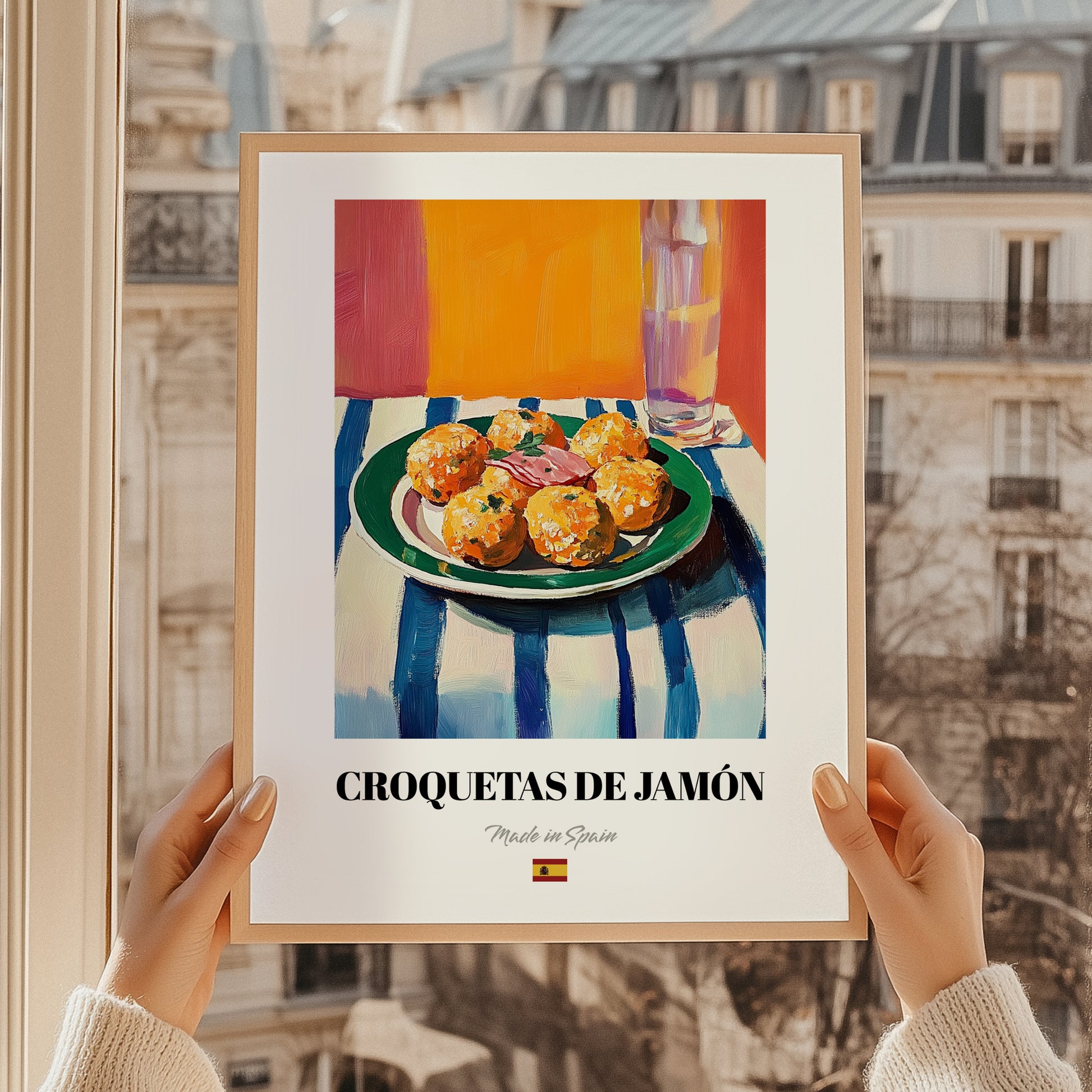 Croquetas de Jamón – Oil Painting, Spanish Food Art, styled in a charming Paris street view