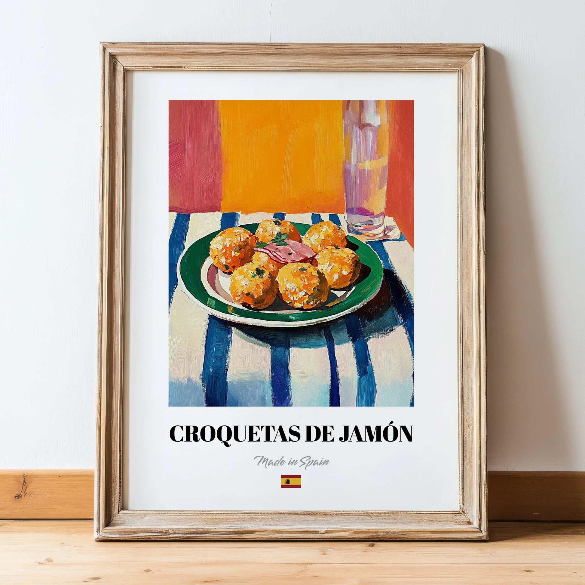 Croquetas de Jamón – Oil Painting, Spanish Food Art, in wooden frame leaning on the floor