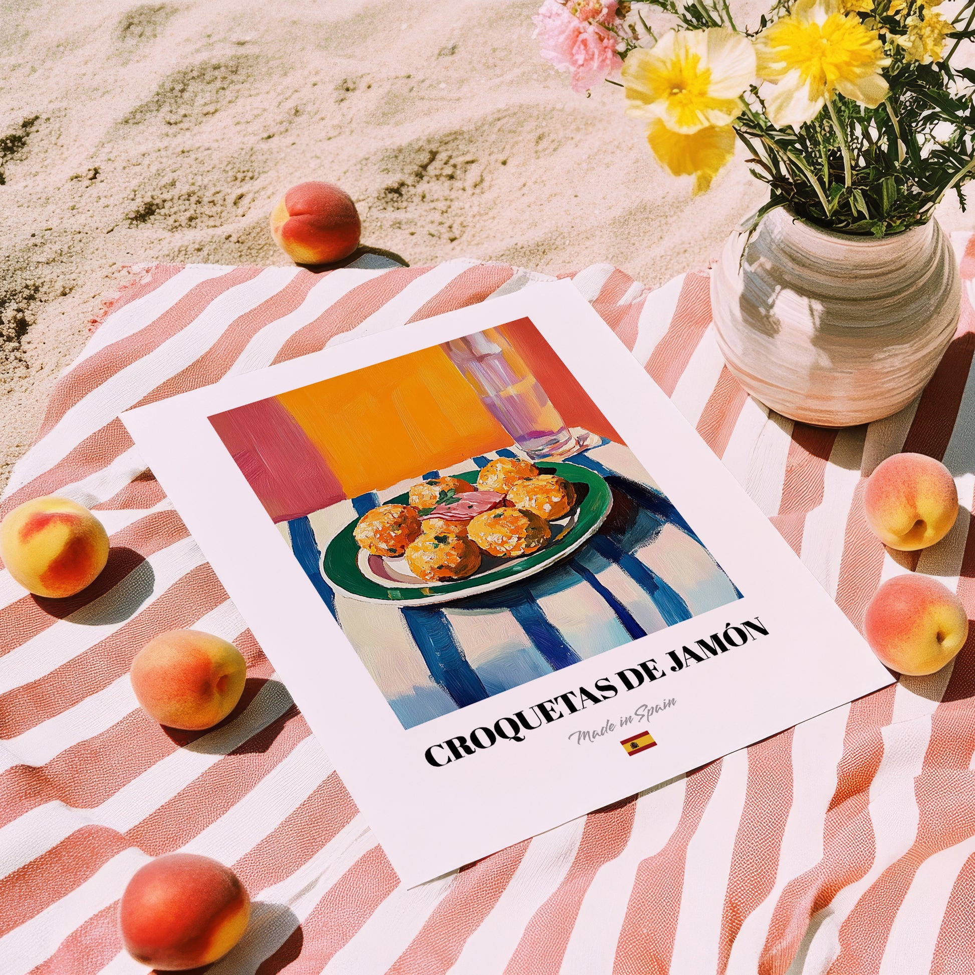 Croquetas de Jamón – Oil Painting, Spanish Food Art, unframed on coastal sand