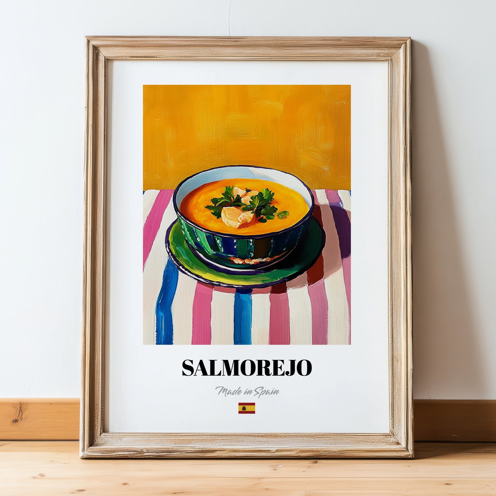 Salmorejo – Art, Spanish Food Illustration, in wooden frame leaning on the floor