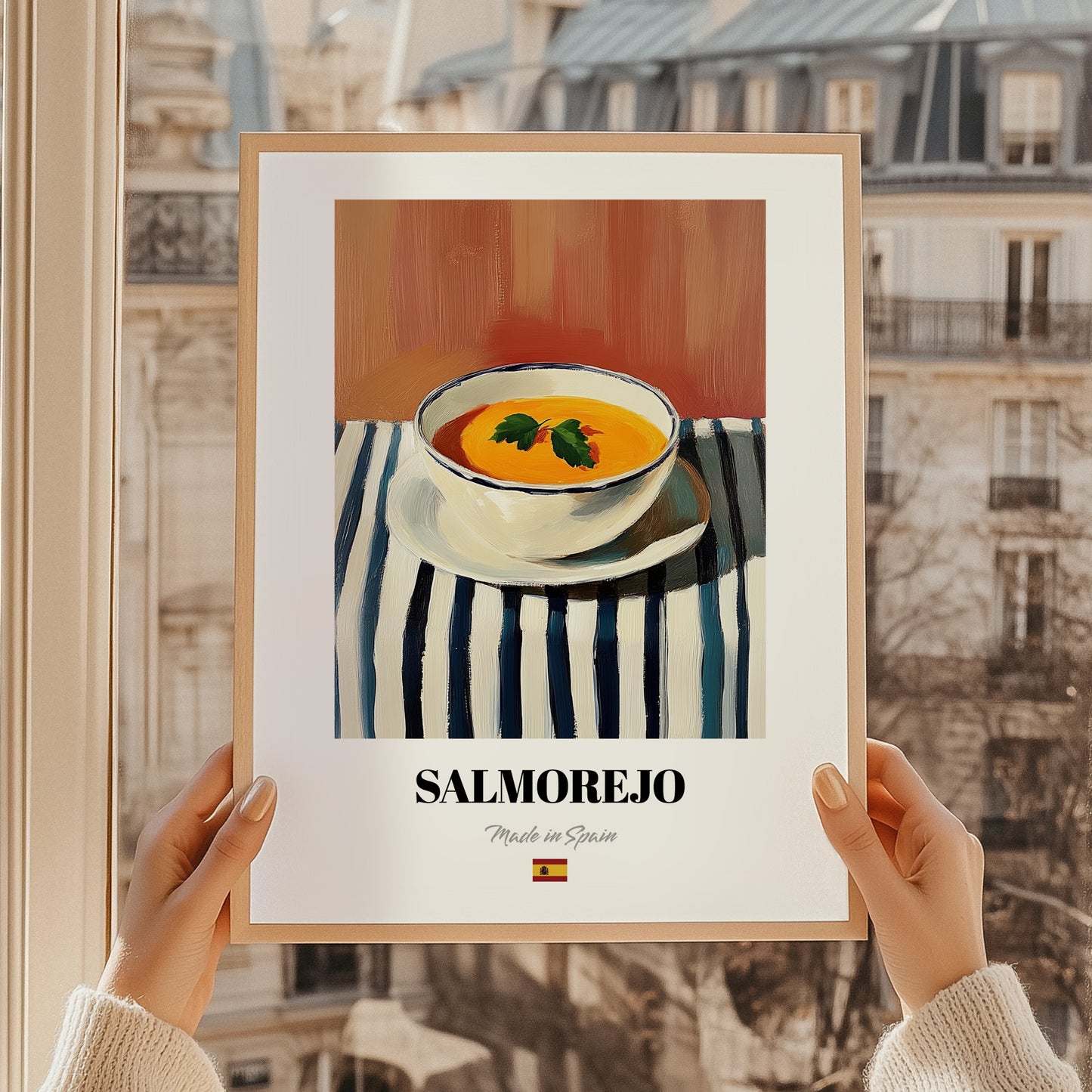 Salmorejo – on Striped Tablecloth, Spanish Food Print, styled in a charming Paris street view