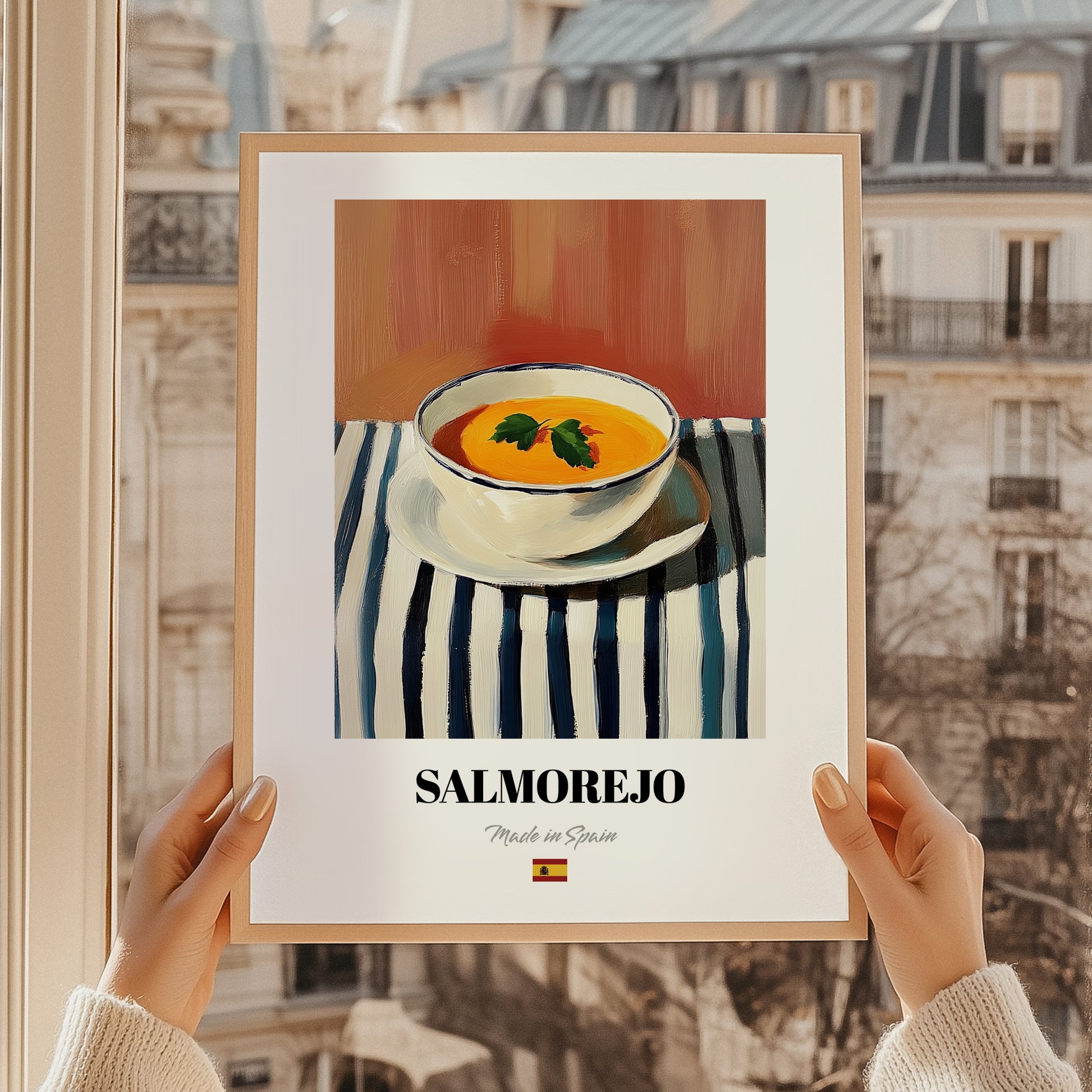 Salmorejo – on Striped Tablecloth, Spanish Food Print, styled in a charming Paris street view